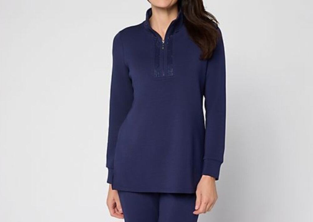 Belle Kim Gravel Size L Navy Scubaluxe Sparkle Half Zip Tunic A710225 NWOT
